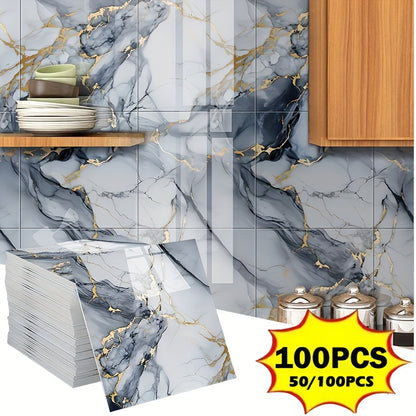 50/100pcs Stick Shower Tiles, Waterproof PVC Wall Panels, Marble Wall Tiles Self Adhesive Vinyl Backdrop for Bathroom, Kitchen, Living Room, Easy Peel & Stick, Ideal for TV Backdrop, Bathroom Wallpaper, Modern Wall Decor, Easy Installation