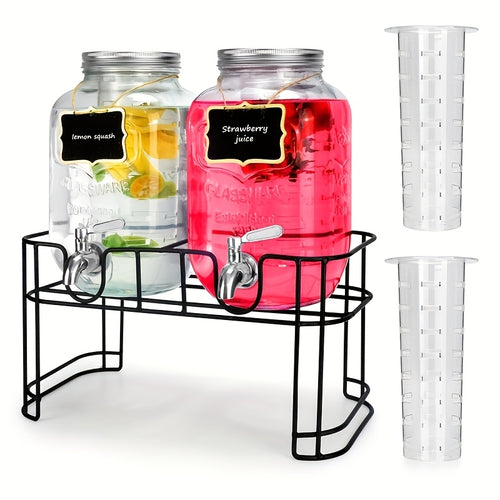 2pcs, 1-Gallon Glass Beverage Dispenser Set, with Stand And Stainless Steel Spigot, Leak-Proof. Lemonade Dispenser with Ice Tube, Ideal for Kitchen, Camping, Parties, Halloween, And Christmas