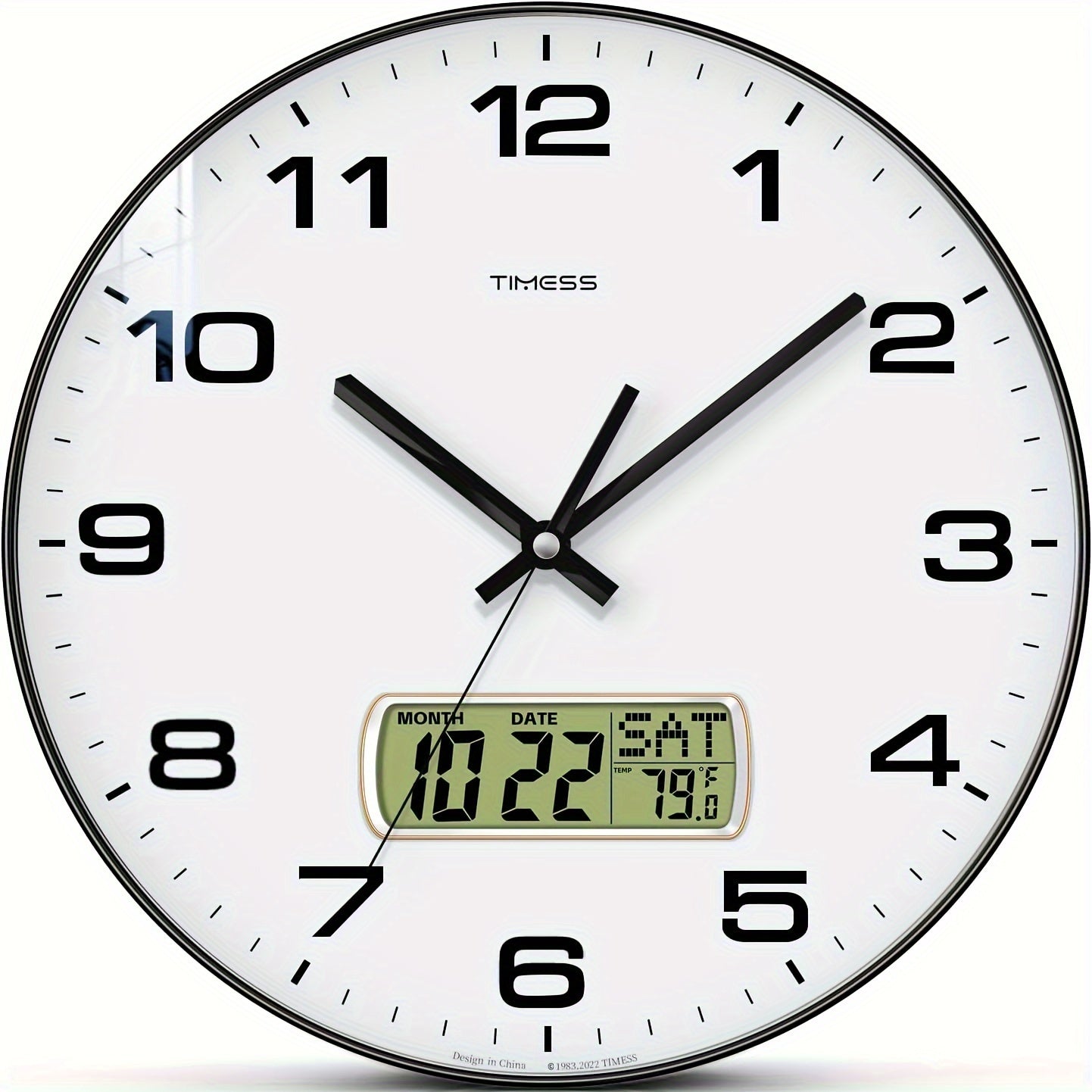 TIMESS Round Analog Wall Clock, ABS & Polycarbonate, Calendar Display, Fahrenheit Temperature, Silent Mechanical Movement, for Bedroom Office School, 10/12/14 Inch, Black