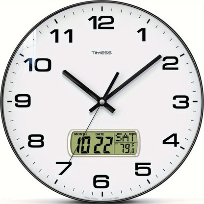 TIMESS Round Analog Wall Clock, ABS & Polycarbonate, Calendar Display, Fahrenheit Temperature, Silent Mechanical Movement, for Bedroom Office School, 10/12/14 Inch, Black