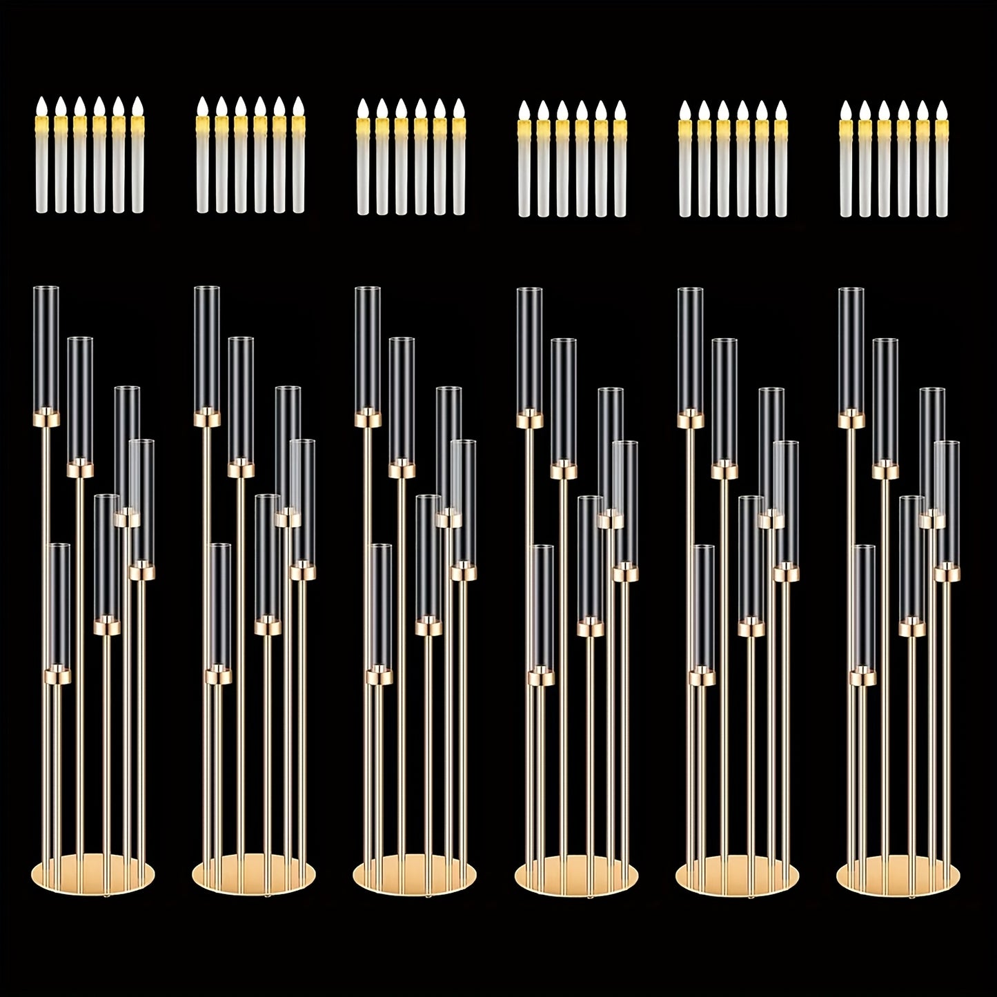 2 Sets Floor Candelabra 6 Arms 46'' Tall Candle Holder with 12pcs LED Candle for Valentine's day, Candelabra Centerpieces for Table, Metal Candlestick Set with Acrylic Lampshade for Wedding Decor (Golden) Seasonal Holiday Decoration,Candleholders