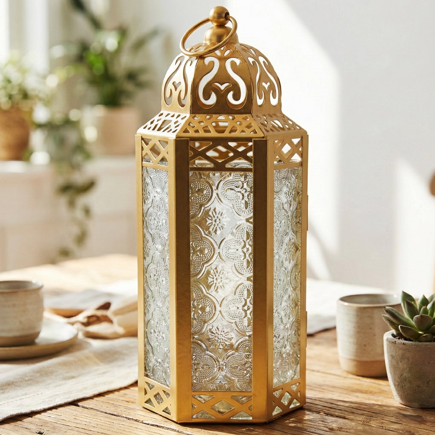 Moroccan Candle Lantern Holder - Decorative Metal & Glass Lantern with Embossed Floral Design for Indoor Home Decor, Garden, Patio, Weddings, Ramadan, Halloween & Holiday Celebrations - 10.5" Tall Medium Size