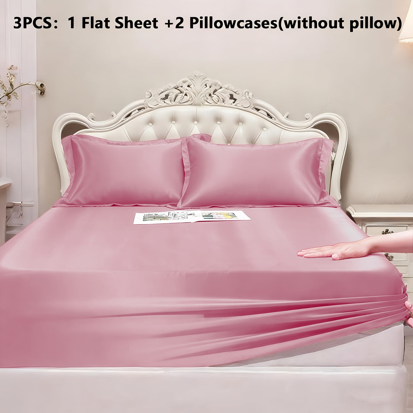 Luxury Satin Fitted Sheet 1*Fitted Sheet+2*Pillowcase, Queen Sheet, Cooling, Smooth, Breathable, Wrinkle-Resistant, Machine Washable, Easy Care Ultra Soft for Hot Sleepers Child, Children, Adults, Hotels, Apartments, Wedding Gifts-3000TC Random Color