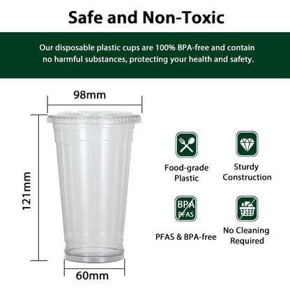 Disposable Clear Plastic Cups with Flat Lids – 16oz & 24oz PET Crystal Cold Drink Cups for Iced Coffee, Smoothie, Bubble Tea, Party Supplies, Thanksgiving Halloween Christmas – 100 or 500 Pack