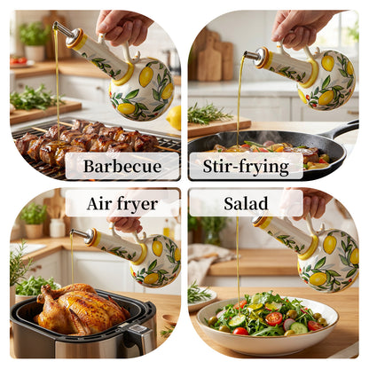 Ceramic Oil and Vinegar Dispenser Set Hand-Painted Underglaze Anti-Drip Leak-Proof Kitchen Oil Bottle with Oil Spout and Foot Pad Olive Green Lemon Yellow