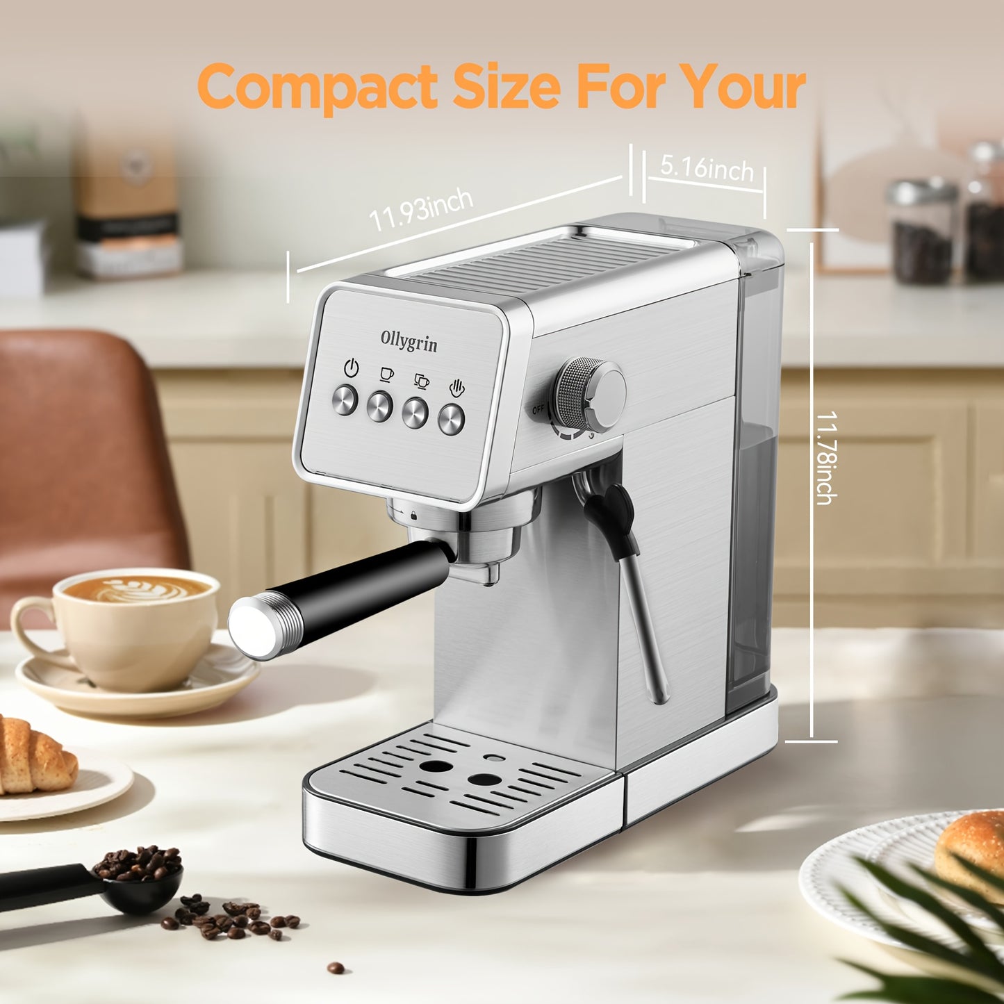 Espresso Machine 20 Bar, Compact Espresso Maker with Steam Milk Frother, Stainless Steel Coffee Machine with 40oz Removable Water Tank for Cappuccino, Latte, Silvery for Home And Office Use