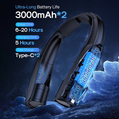 Ultra-Long Battery Life: 6-20 Hours, Dual Wind Speeds, Super Quiet Brushless Motor, 3000mAh*2, Durable USB Charging, Soft Silicone Neck Strap, Ideal for Work, Travel, Sports, and Outdoor Activities, Outdoor Sports Fan|Ergonomic Neckband Fan|Durable