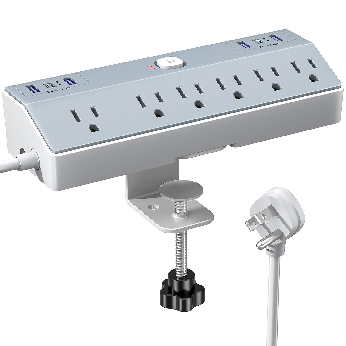 1pc Desk Clamp Power Strip With USB C, PD 20W Removable Fast Charging Desktop Edge Power Strip Surge Protector, 8.8Ft Extension Cord Flat Plug With 4 Outlet 4 USB Ports, Fit 1. 8" Tabletop Edge