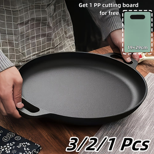 1/ 2/ 3pcs Cast Iron Pan, Pre Seasoned, Multifunctional, Non-stick, for Pizza Lovers, Home Kitchens, Outdoor Cooking, Durable, Even-Heating, Versatile, Compatible with All Stoves, Perfect for Home Kitchens And Outdoor Cooking