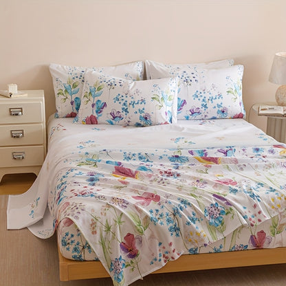 4-Piece Fresh Flowers Bedding Set | 1 Fitted Sheet + 1 Flat Sheet + 2 Pillowcases | Soft & Breathable Polyester | All-Season | Machine Washable