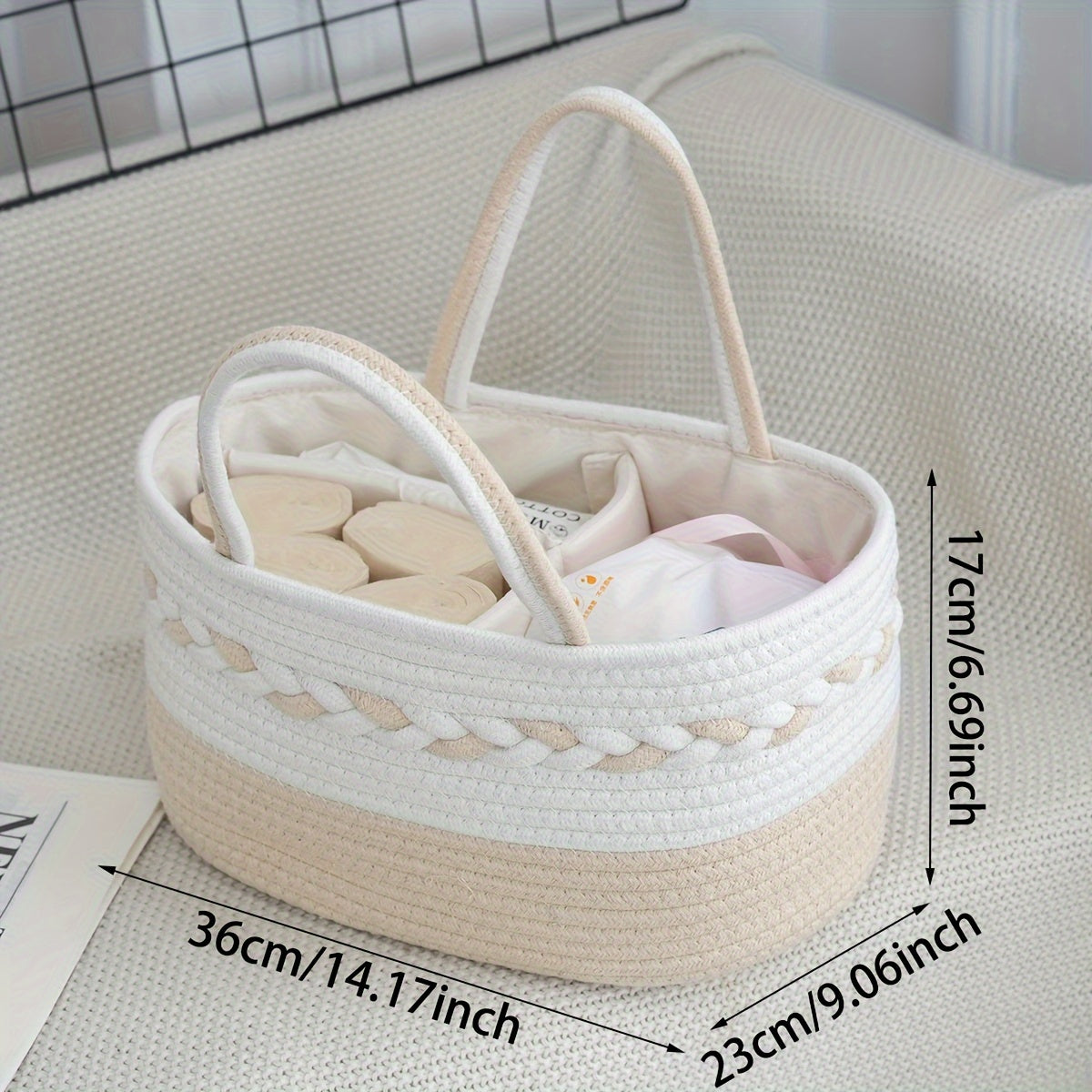 A Large Capacity Foldable Storage Bag Made of Bohemian Rope, Featuring a Woven Handle And a Removable Lining. It Comes in a Striped Design of Cyan, White, Pink, And Beige, Shelf Baskets