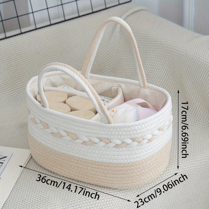 A Large Capacity Foldable Storage Bag Made of Bohemian Rope, Featuring a Woven Handle And a Removable Lining. It Comes in a Striped Design of Cyan, White, Pink, And Beige, Shelf Baskets
