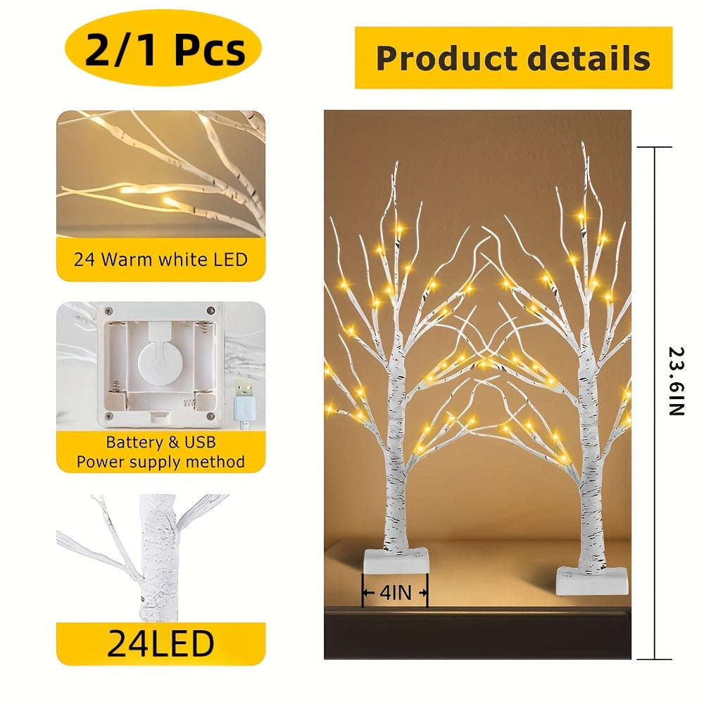 2/1 Pack Artificial Birch Wood Lamp with LED Light, Powered by Usb/Battery Box, Suitable for Home, Bedroom, Office, Living Room, Wedding Decoration (2FT 24LT Warm White)