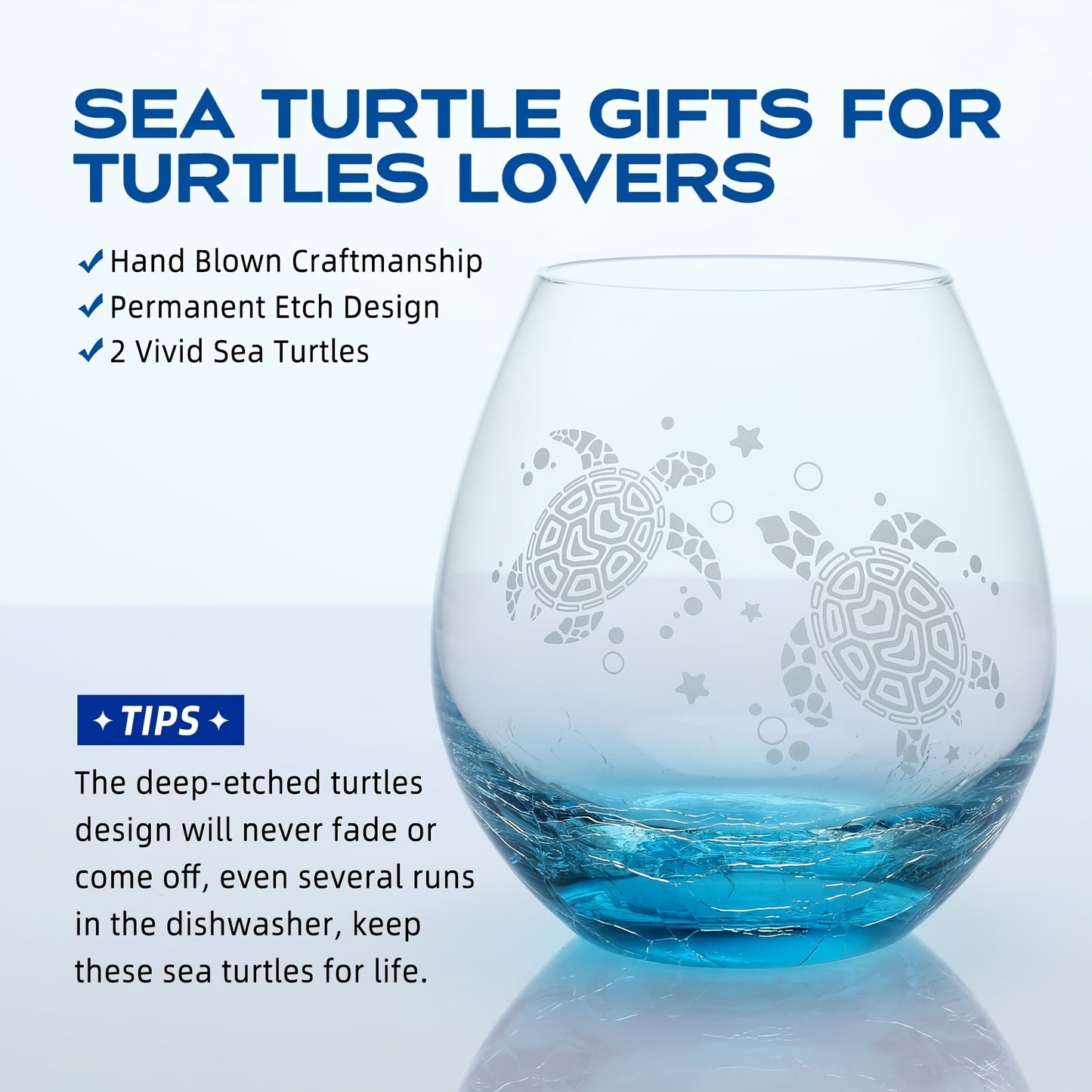 RorAem Wine Glasses - Turtles Wine Glass Hand Etched Sea Turtles Unique Wine Gifts for Women Ocean Beach Turquoise Glass Cup Stemless Wine Glass for Turtle Lovers Mom Mother 16oz Gift Box, Beautiful Gift Box Set, Christmas And Halloween Gifts