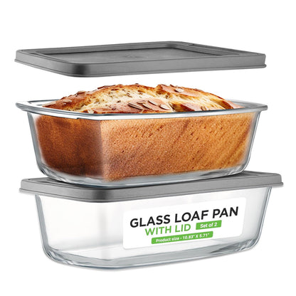 4pcs Glass Loaf Pan Set with Lids - Stackable 1.9 QT/ 62oz Glass Bread Baking Dishes - 2 Food Storage Containers + 2 Airtight Lids, Oven & Microwave Safe, Dishwasher Safe - Clear