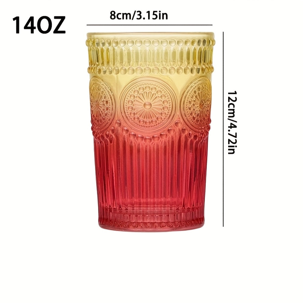 Collection of 6 Retro Drinking Glasses, 14 Oz Colorful Tumblers with Embossed Designs, Suitable for Water, Drinks, Juice, Beer, Cocktails, Whiskey, And Milk (Available in 6 Colors)