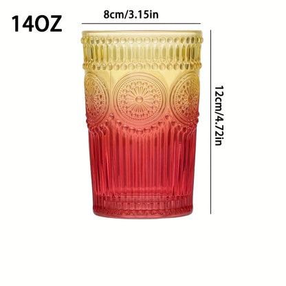 Collection of 6 Retro Drinking Glasses, 14 Oz Colorful Tumblers with Embossed Designs, Suitable for Water, Drinks, Juice, Beer, Cocktails, Whiskey, And Milk (Available in 6 Colors)