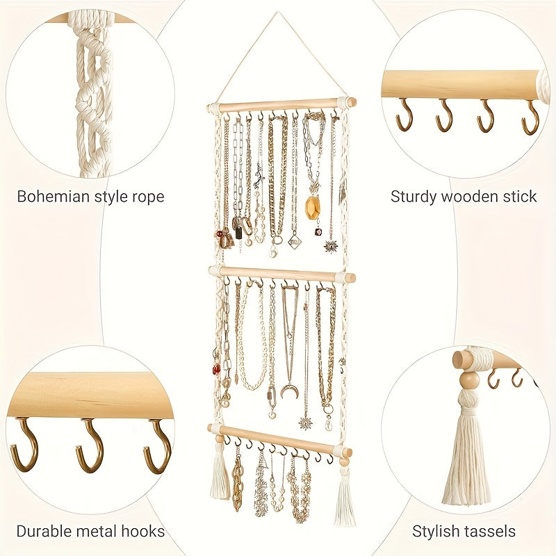2/1pc Bohemian Jewelry Rack, Hanging Jewelry Storage Rack, Hand Woven Tassel Jewelry Display Rack, Bedroom Decoration, Contains 30 Hooks for Necklaces, Earrings, Bracelets, Hair Additions Storage, Hanging Jewelry Organizers