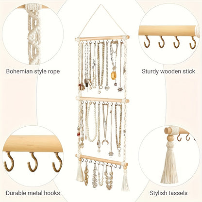2/1pc Bohemian Jewelry Rack, Hanging Jewelry Storage Rack, Hand Woven Tassel Jewelry Display Rack, Bedroom Decoration, Contains 30 Hooks for Necklaces, Earrings, Bracelets, Hair Additions Storage, Hanging Jewelry Organizers