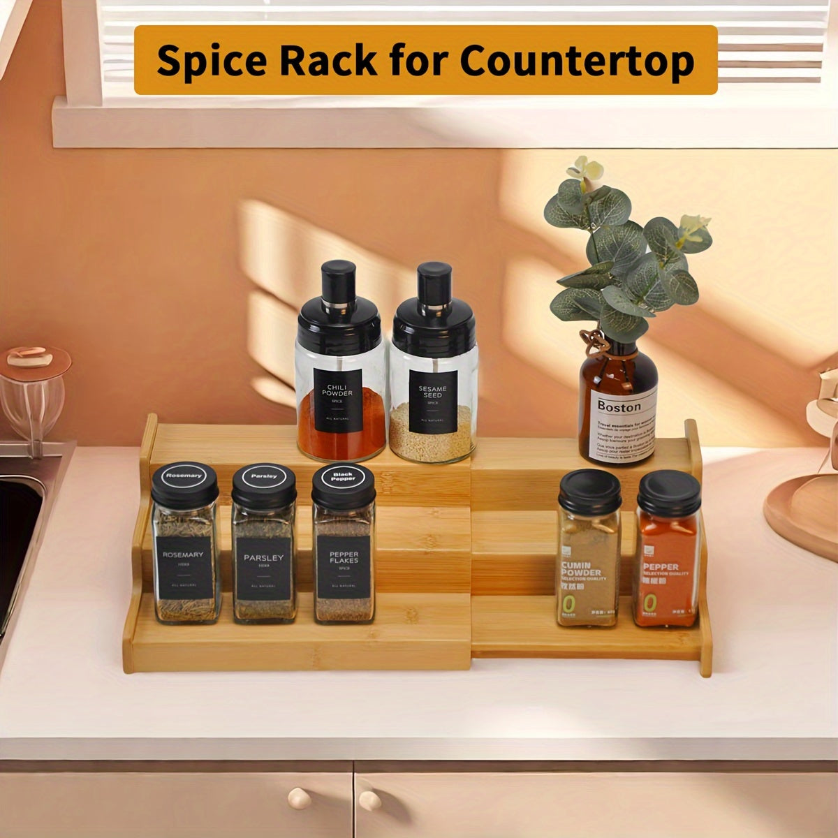 Bamboo Spice Rack for Bamboo Expandable Kitchen Cabinet - 3-Tier Ladder Rack for Kitchen Cabinet, Countertop Storage Display