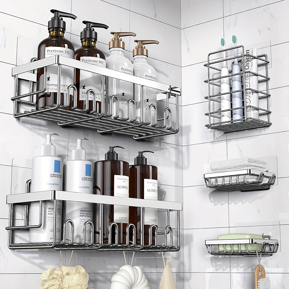Shower Caddy Organizer, 5-Pack Adhesive Rustproof Stainless Steel Shower Shelves with Soap Holder, No Drilling Shower Storage Rack for Family Renters Bathroom, Random Colors F to Choose, Shower Caddies