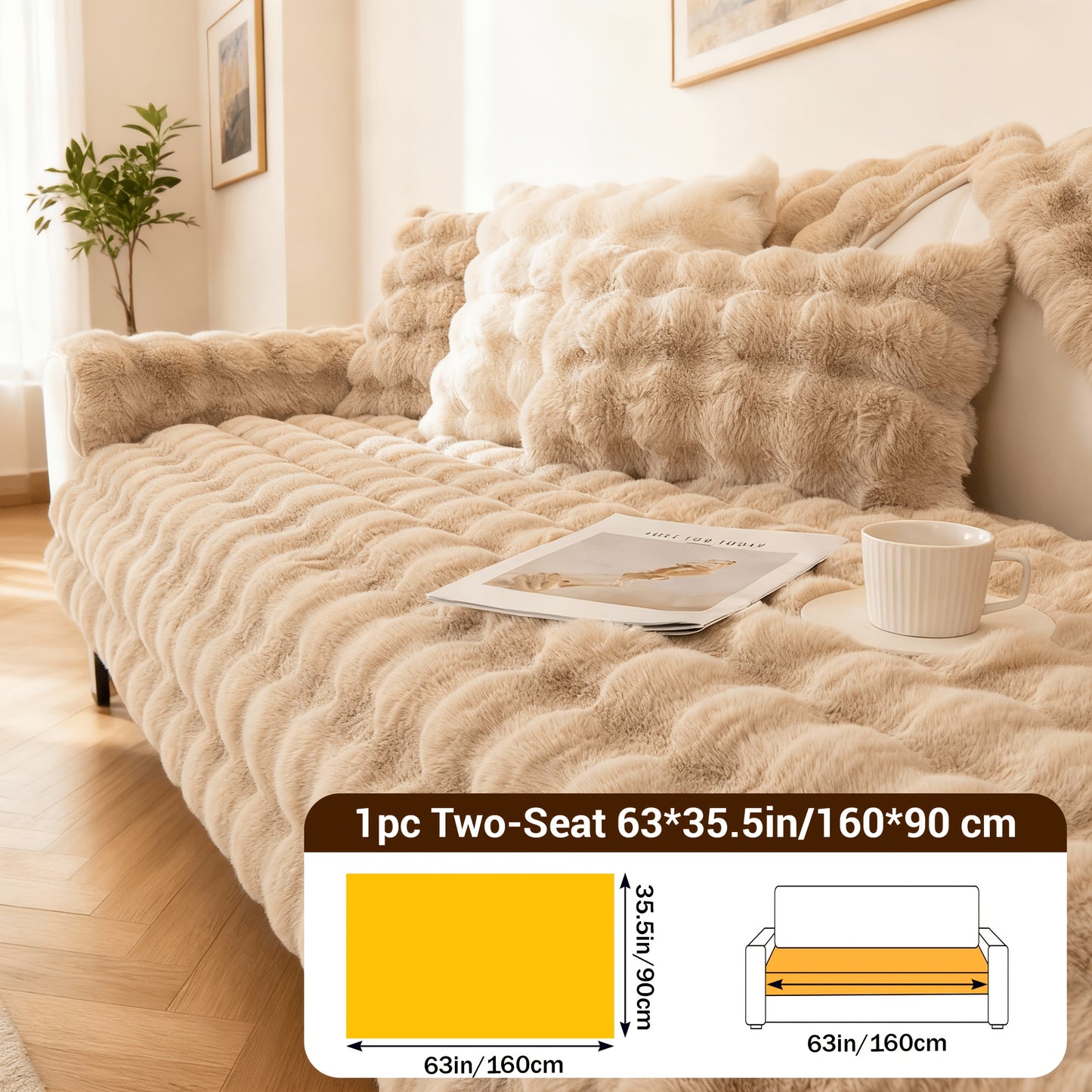 Bubble Soft Faux Rabbit Sofa Cover - Non-Slip 3/4 Seat Stretchable Slipcover Durable Furniture Protector Breathable Sofa Cover for Living Room, Bed, Dorm (Beige/Dark Grey/Khaki, 35.5X71/83Inch) - Comfortable Home Decoration, Warm And Easy to Clean