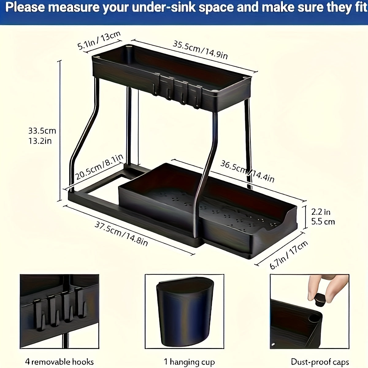 1pc Under Sink Organizer, 2 Tier Sliding Cabinet Basket Organizer With Hooks, Multifunctional Under Sink Organizer For Bathroom Kitchen, Shelves