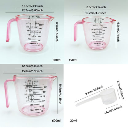 Measuring Cups Set 4-Piece with Spoon, 6oz 12oz 20oz Baking Cups + 20ml Spoon, PS Food-Safe Material, ML OZ CUP Markings, Pink Kitchen Measuring Set