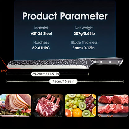 12 Inch Hand Forged Slicing Knife For Meats, Ribs, Roasts - Brisket Carving Knife For BBQ And Christmas Gifts