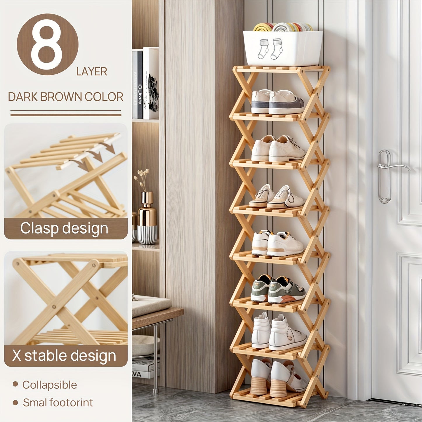 Bamboo Foldable Shoe Rack, Saving Space, Strong Storage Ability, Suitable for Small Space, Easy to Assemble Multi-Layer Shoe Storage Rack - Standalone Shoe Shelf for Rental Homes, Entryways, Hallways, Bedrooms, Bathrooms, Offices