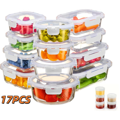 Borosilicate Glass Food Storage Containers Set – 10/12/17pcs Airtight Meal Prep Bento Boxes with Locking Lids, BPA Free, Microwave & Dishwasher Safe, Leak Proof, Mixed Colors