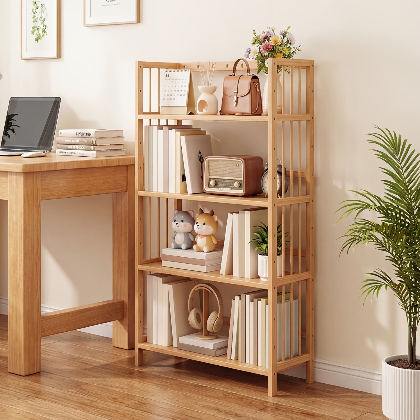 Bamboo Bookshelf with Adjustable Shelves, Narrow 4 Or 5 Tier Wooden Bookcase, Natural Storage Shelf Organizer for Small Spaces, Bedroom, Living Room, Home Office, Standing Shelf, Standing Shelf