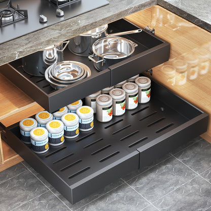 4-Pack Expandable Pull Out Cabinet Organizer, Heavy-Duty Carbon Steel Slide-Out Drawer (12.6"-20.5"W), Silent Sliding Roll-Out Shelf with Adhesive Nano Film Or Screw Installation, Rust-Resistant Storage Rack for Kitchen, Bathroom, And Pantry