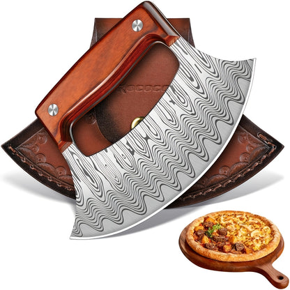 Professional Chef's Pizza Cutter, Hand-Forged Ura Knife, Full-Length Steel Handle, High Carbon Steel Material, Comes with Sheath and Gift Box. Suitable for Kitchen, Camping, and Barbecue Use as a Pizza Cutting Knife. A Birthday Gift for Men