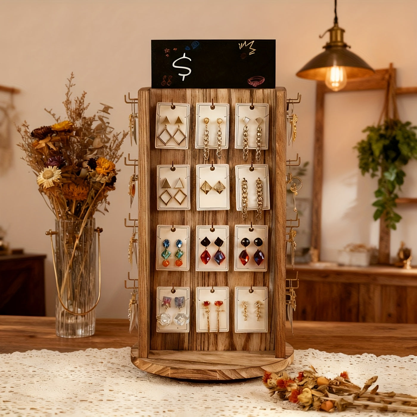 Rustic Real Rotating Earring Display Stand with Advertising Board - 40-Hook Jewelry Organizer, Space- Saving Tabletop Rack Holder, Jewelry Display, Sturdy Hook Hooks, Jewelry Towers, Best for Christmas, Jewelry Towers