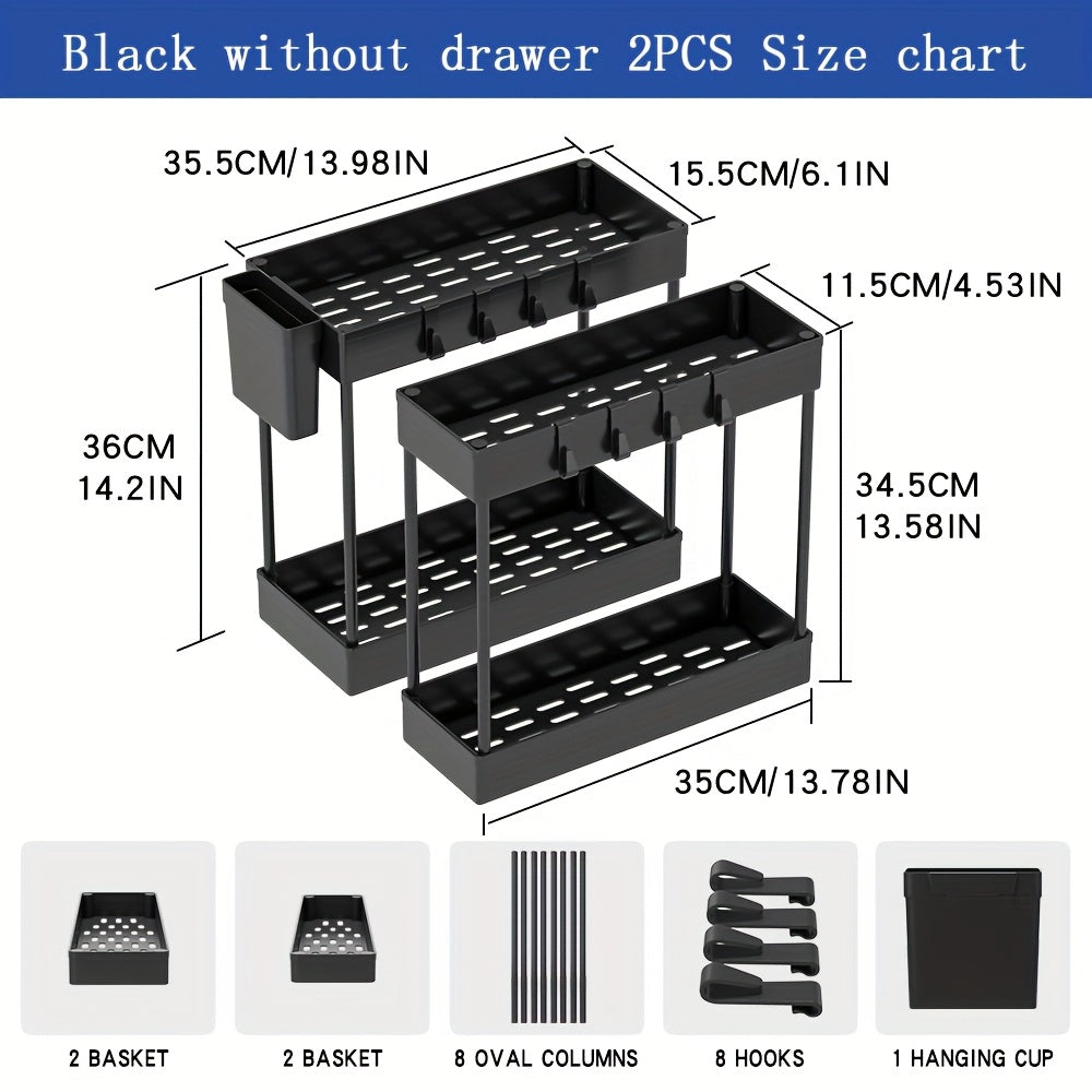 Under Sink Organizer 2pcs Double Tier Sliding Storage Basket with 8 Hooks – Kitchen Bathroom Cabinet Rack Shelf