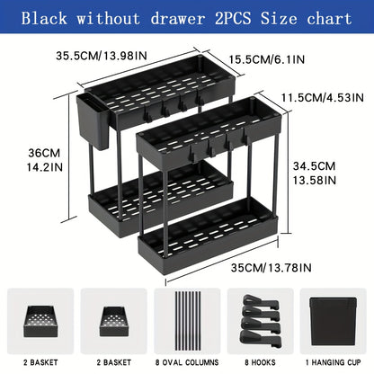 Under Sink Organizer 2pcs Double Tier Sliding Storage Basket with 8 Hooks – Kitchen Bathroom Cabinet Rack Shelf