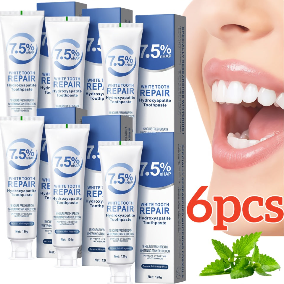 6pcs 7.5% Nano Whitening Toothpaste, Hydroxyapatite Cleaning Toothpaste, Deep Cleaning, Gentle And Non Stimulating, Mint Flavored Fresh Breath Toothpaste, Daily Care, Essential Care Set for Family Travel, Oral Care