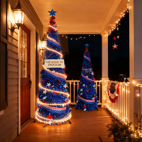 July 4th American Independence Day Foldable 5ft Decorative Tree, LED Light String with Red and Blue Stars and Stripes Patriotic Theme Decoration, American National Day Blue Christmas Tree, Gift for Friends, Summer Gift, Party Gift