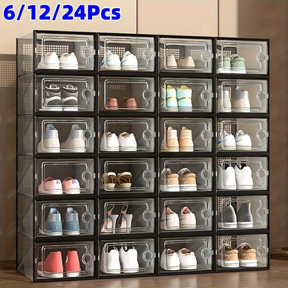 6/12/24pcs Shoe Boxes Thickened Transparent with Lid, Foldable Stackable Free Combination Shoe Rack, Plastic Sneaker Container, Space Saving Storage Organizer for Entryway, Bedroom, Home, Dorm, Ramadan Decor