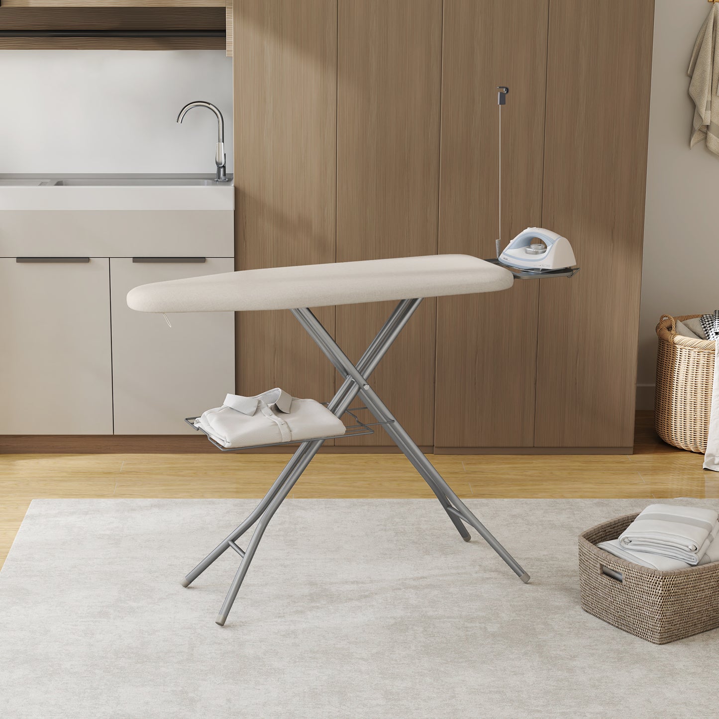 Costoffs Full Size Ironing Board with Clothes Rack Foldable & Height-adjustable Iron Table with Cord Holder/4 Legs/4-layer Pad for Laundry/Living Room/Dormitory, Beige/Gray
