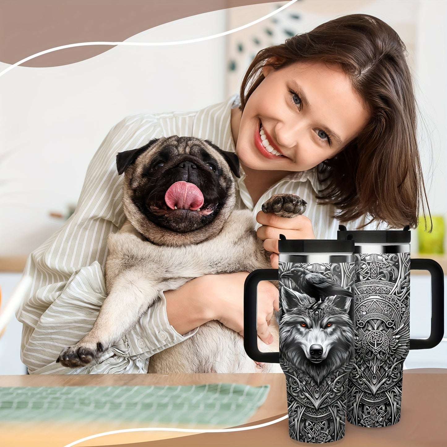 1pc 40oz Viking Wolf Raven 40oz Tumbler with Handle, Norse Mythology Celtic Knot Stainless Steel Insulated Travel Mug, Gifts for Viking Lovers
