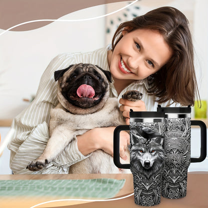 1pc 40oz Viking Wolf Raven 40oz Tumbler with Handle, Norse Mythology Celtic Knot Stainless Steel Insulated Travel Mug, Gifts for Viking Lovers