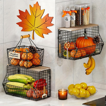 1-Tier or 2-Tier Stackable Metal Wire Fruit Basket with Lid - Hanging Kitchen Pantry Storage Bin, Space-Saving Vertical Organizer Suitable for Countertop, Wall-Mounted Potato & Onion Bin, Installation (1 or 2-Tier)