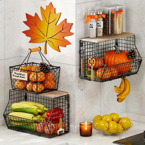 1-Tier or 2-Tier Stackable Metal Wire Fruit Basket with Lid - Hanging Kitchen Pantry Storage Bin, Space-Saving Vertical Organizer Suitable for Countertop, Wall-Mounted Potato & Onion Bin, Installation (1 or 2-Tier)