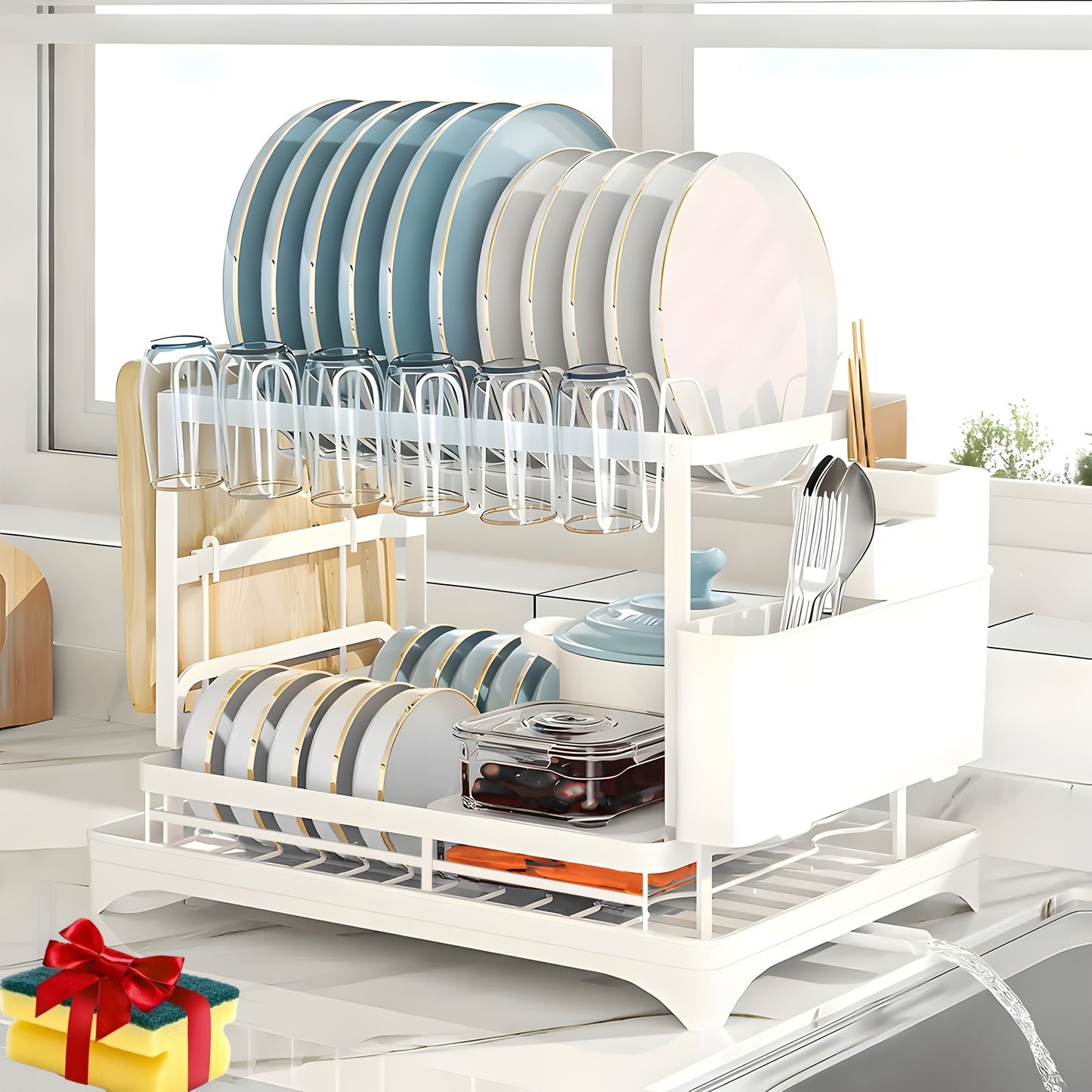 Two-Level Dish Drying Rack for Kitchen Surfaces, Dish Drainer with a Drainboard, Metal Kitchen Dish Holder with Drainage, Two-Tier Kitchen Drying Rack, Black Dish Holders