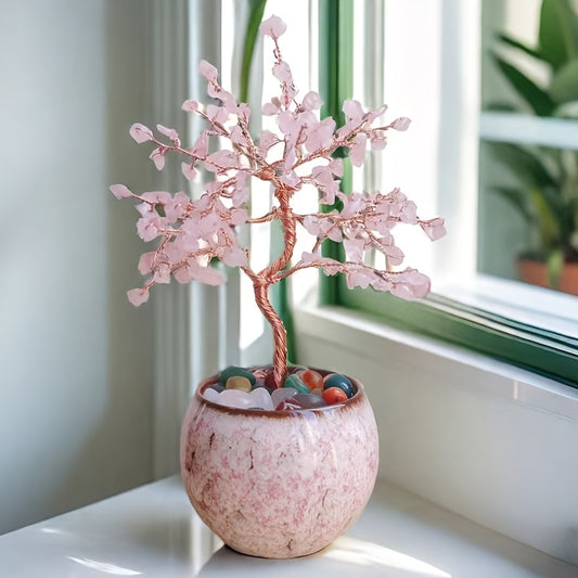 Pink Quartz Crystal Christmas Tree with Ceramic Base - 7-Inch Tall Colorful Faux Desktop Ornament for Home Office Decor, Birthday Gift, Valentine's Thanksgiving Party Decoration, Artificial Tree for Home Decor, Decorative Indoor Ornament