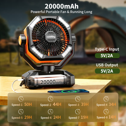 Camping Fan Battery Powered 20000mAh, Dual Motor 8-Speed Portable Tent Fan with Remote Control, 4 LED Lanterns and Hanging Hook, Rechargeable Outdoor Fan for Camping, Power Outage, Construction Site
