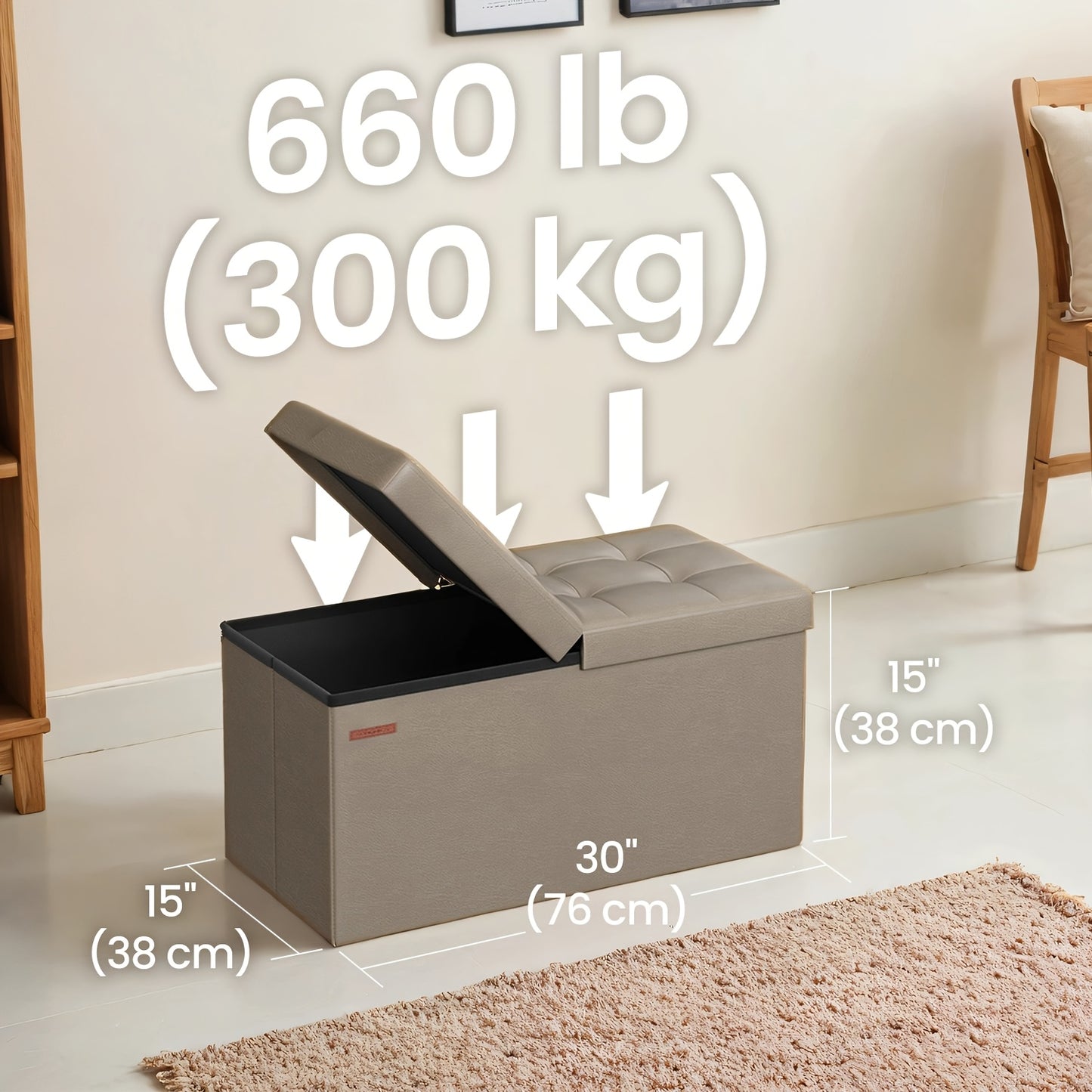 Foldable Storage Chest Stool 660lbs Load Bearing Ottoman With Flip Top Lid Perfect For Entryway Shoe Changing Living Room Extra Seating And Bedroom Blanket Storage Easy Clean Faux Leather Coffee Shade