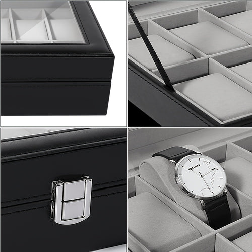 Watch Box Organizer 12 Slot PU Leather, Watch Display Case with Glass Lid Removable Pillow Metal Clasp, Jewelry Box Gift for Him Her Valentine's Day Birthday Christmas